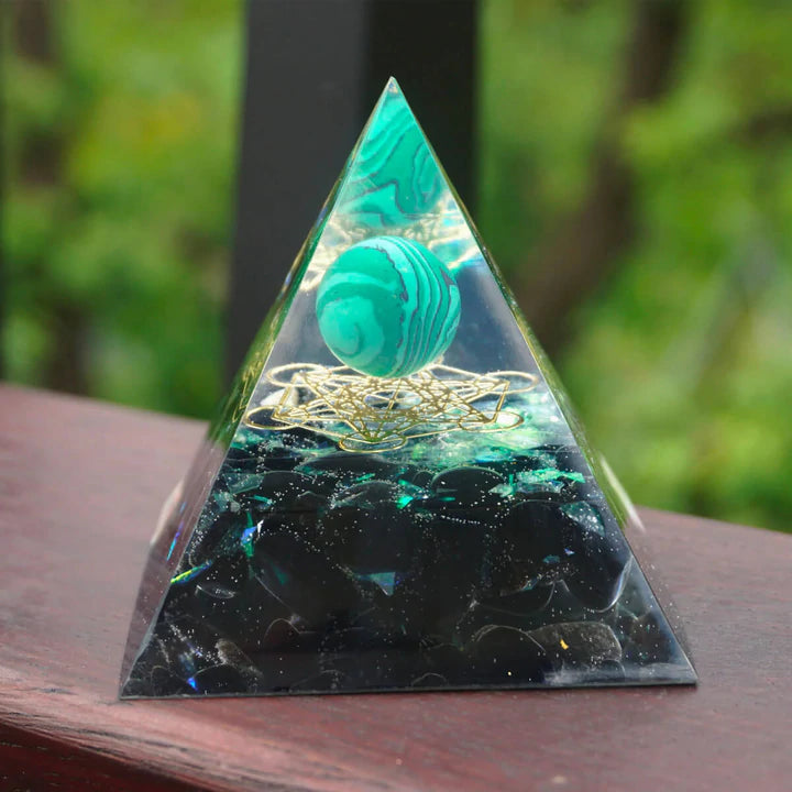 TRIPLE SERENITY MALACHITE & OBSIDIAN ORGONE PYRAMID